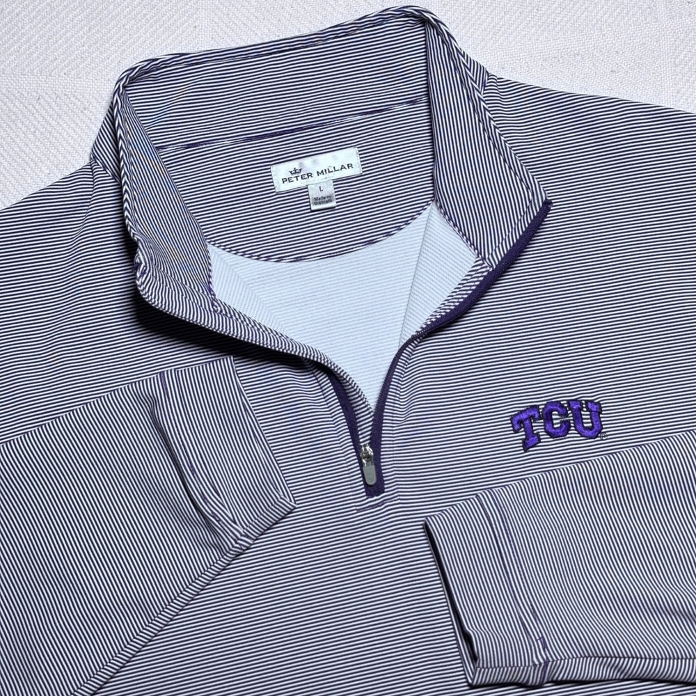 Peter Millar 1/4 Zip Pullover Mens Large TCU Horned Frogs NCAA Striped Purple